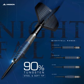 Mission Darts #_D9709 Nightfall | 20g Premium Soft Tip 90% Tungsten Tapered Barrel Dart Set including 3 Flights, 3 Mission Shafts with S-Lock Rings and Point Protector, M3, Black/Blue