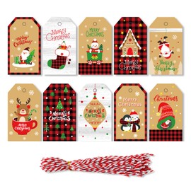 50 PCS Christmas Gift Tags with String, Decoration Tag for Christmas Tree, 10 Different Patterns Xmas Tags Label, Gift Wrapping Tags for Christmas (Yellow)