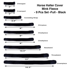 Majestic Ally horse Halter Fleece Set -Full, Set of 09 (Crown, Noseband, Cheeks, Chin, Neck Pieces) and Set of 4 (Crown, Noseband, Cheeks), Multiple Colors (Black, 09 Piece)