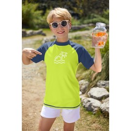 BesserBay Boys' UV Rash Guard Short-Sleeved Swimming Shirt UPF 50+ Children 110-160, Coconut Tree Green