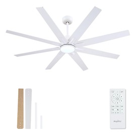 Newday 62 inch Large Ceiling Fans with Lights and Remote, Indoor/Outdoor White Ceiling Fan for Living Room Patio, 6 Speeds Slient Reversible DC Motor, 3CCT, Timer, 2 Downrods, 8 Blades