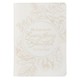 Christian Art Gifts Inspirational Journal, Everything Beautiful Wide Ruled Notebook, Ecc. 3:11 Bible Verse, White Vegan Leather Floral, 336 Lined Pages w/scripture, (8.6” x 6.1” x .9”)