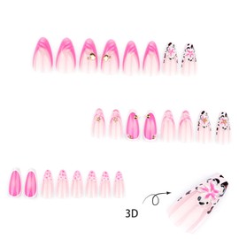 EYZOTSF Press on Nails Almond Medium Length Acrylic French Almond Shaped False Nails with Designs Artificial Medium Fake Nails with Charms Glue Stick ons Fingernails for Women Girls(JP3687)