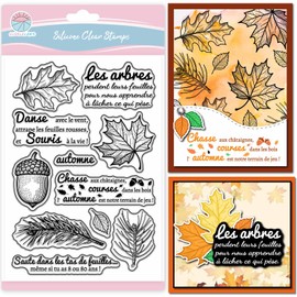 GLOBLELAND Französischem Herbstsegen Text Transparente Silikonstempel Ahornblättern Grüße Klare Stamps Eichenblätter Silikonstempel Für Kartengestaltung DIY Prägung Journaling