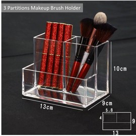 KW Collection Acrylic Makeup Organizer Cosmetic Storage Makeup Display Case Makeup Brush Holder Lipstick Dispenser Canister Bathroom Container (5.1 x 3.5 x 3.9 in, 3 Partitions, Transparent)