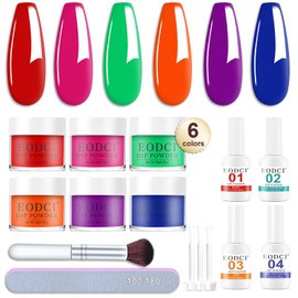 Eodci 12 Pcs Dip Powder Nail Kit Starter Kit, 6 Colors Pink Red Orange Green Blue Dipping Powder Kit with Base & Top Coat/Activator/Brush Saver, Nail Art Dip Manicure Kits Salon DIY for Women