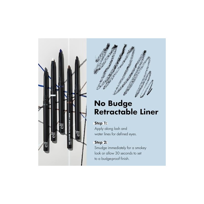 e.l.f. No Budge Retractable Eyeliner, Creamy, Ultra-Pigmented & Waterproof, Creates