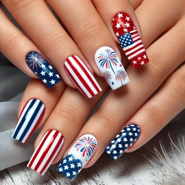 24Pcs Independence Day Press on Nails Square Medium Length, Flag Glossy Fake Nails, Natural Full Cover False Nails for Women July 4th American Flag Fireworks Stars Design Manicure Supplies