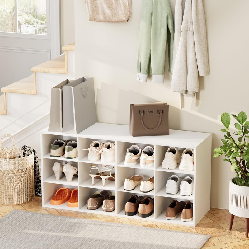 12-Cubby Shoe Rack, 3-Tier Wood Shoe Organizer, Multifunctional Shoe Organizer