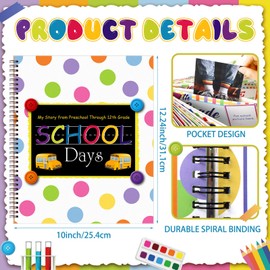 Motipuns School Memory Book Photo Album for Kids, School Years Keepsake Book Album Scrapbook from Preschool Through 12th Grade with 14 Pocket for Storage Portfolio Every Grade Pictures (Polka Dots)