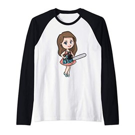 Girl Punk With Chainsaw Goth Anime Style Raglan Baseball Tee