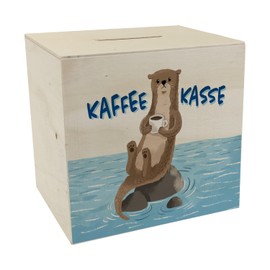 Wooden Coffee Box Money Box with Cute Otter A Colourful Piggy Bank for Reception Otter Coffee Cup Motif Funny Money Box Men Otter Workplace Coffee Break