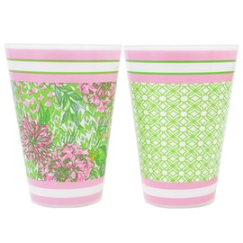 Lilly Pulitzer 14 Ounce Reusable Plastic Pool Cups, Set of 6 Durable Drinking Glasses, Lime Feeling Good/Butterfly Trellis