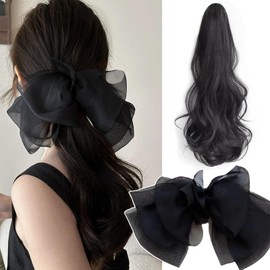 Natunofu Wig, Ponytail Ribbon Hair Accessory, Bow Knot, Clip-on Ponytail Wig, Women's Half Wig, Hair Extension, Long Curls, Fluffy Natural Hair Extension for Daily Fashion Beauty (Black)
