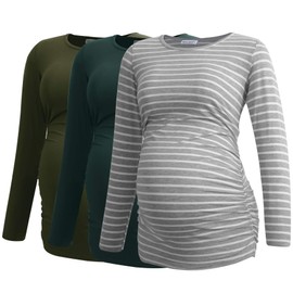 Smallshow Women's Maternity Shirts Long Sleeve Pregnancy Clothes Tops 3-Pack Large Army Green-Deep Green-Light Grey Stripe
