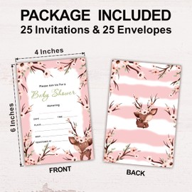 Hsupl 25 Set Double Print Baby Shower Invitation Cards(4"x6")- Woodland Invitation Card For Girl-Floral Watercolor Pink Deer Invitation Card With Envelope-Baby Gender Announcement-A08