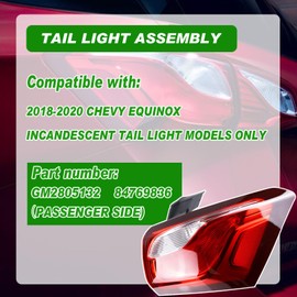Lochnchn Halogen Tail Light Assembly Compatible with Chevy Equinox 2018 2019 2020 Right Passenger Side Taillight Rear Outer Tail Lamp Replace 84769836