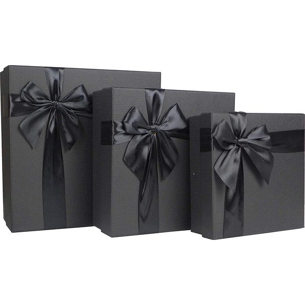 Cypress Lane Square Rigid Gift Box with Ribbon, 11 inches, a Nested Set of 3 (Black)