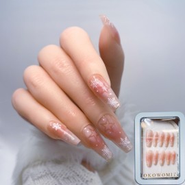 Kokowomite Nails Handmade Nail Tip, Long, Ballerina, Pink, Snow Flower, Fall & Winter, Fashionable, Cute Design, Coming of Age Ceremonies, School Entrance Ceremonies, Graduation Ceremonies, Dating,