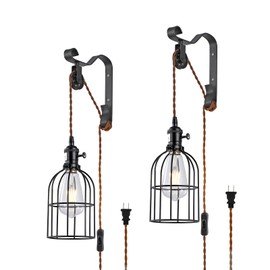 SEEBLE Plug-in Wall Sconces Set of 2 with Adjustable Height, Industrial Vintage Cage Sconce for Bedroom Reading, 6.5FT Cord with Dual On/Off Switches, Black