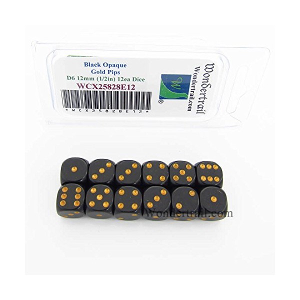 Black Dice with Gold Pips D6 12mm (1/2in) Pack of 12 Wondertrail WCX25828E12