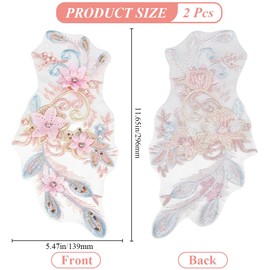 CABODYALS 2Pcs 3D Floral Embroidery Applique Rhinestone Embroidered Beaded Sequin Lace Appliques Polyester Pink Flower Sew on Tulle Patches for Sewing Making Clothes Dresses Wedding Craft SupplIES