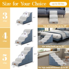 POCBLUE Dog Stairs for Small Dogs, Wide Pet Step with Removable Cover, No Assembly High Density Foam Cat Ramp for Bed or Sofa, 4-Step, Grey
