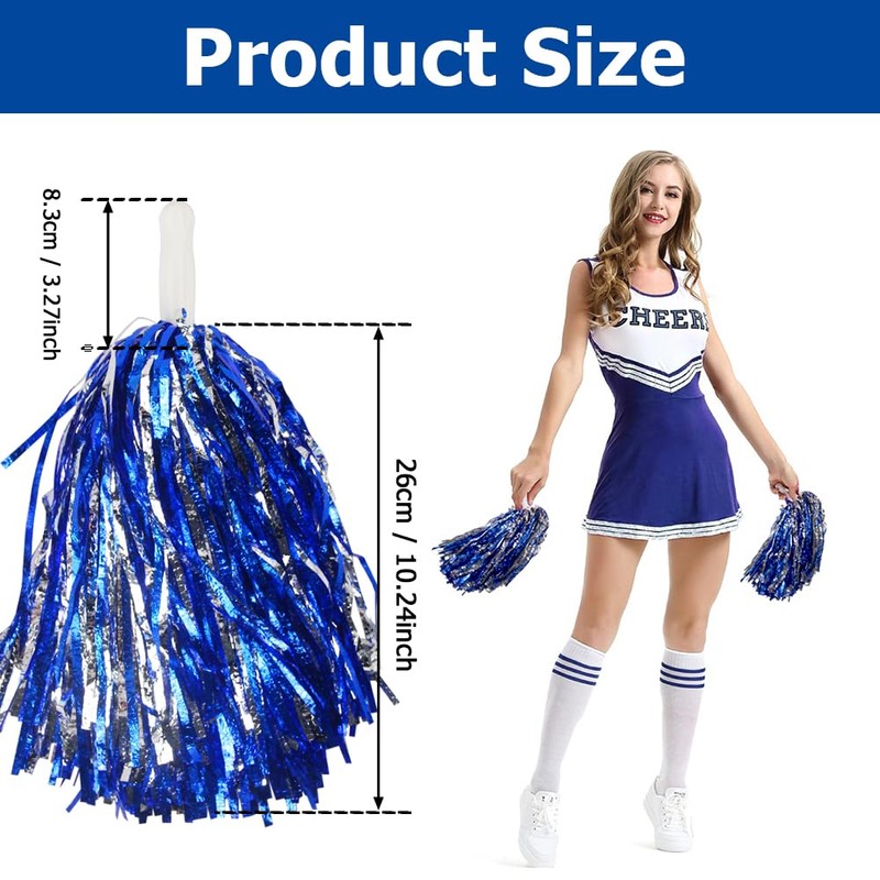 Hooshing 12PCS Pom Poms Cheerleading Blue and Silver Fluffy Metallic