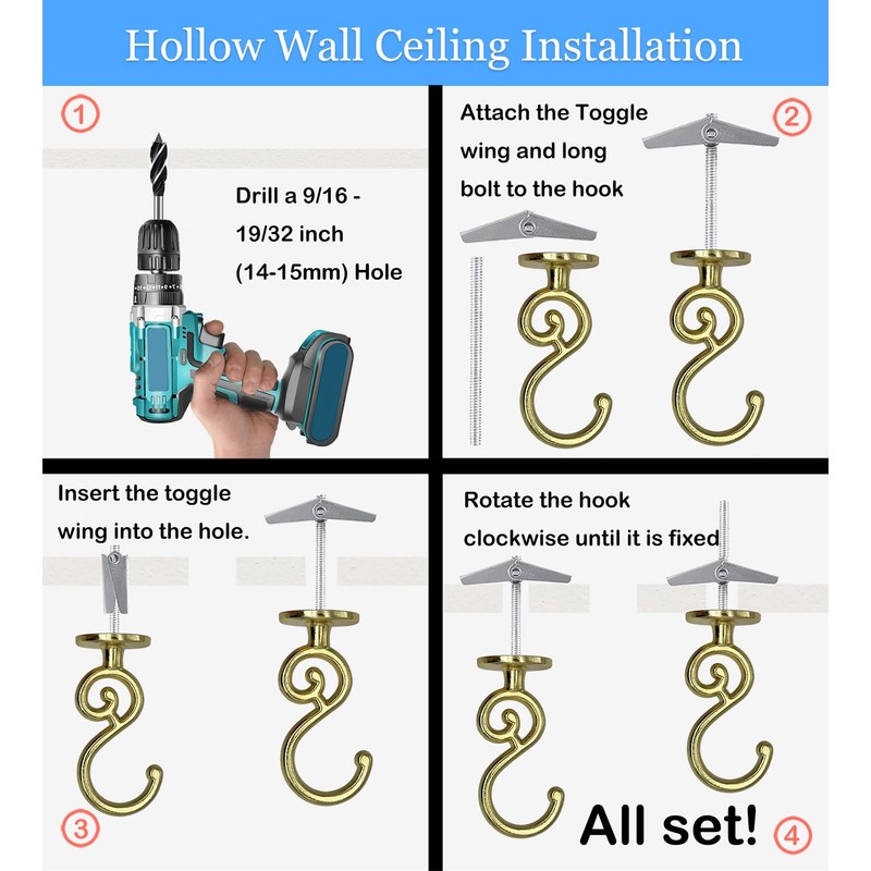 Evsteluo 4 Sets S-Shaped Heavy Duty Ceiling Hook,for Wood, Concrete