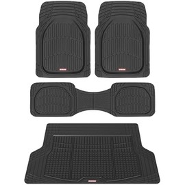 Motor Trend FlexTough Contour Liners Deep Dish 3 pc Rubber Floor Mats & Trimmable Trunk Liner Cargo Mat - Heavy Duty All Weather Protection Car Mats with Traction Grips Car Accessories (Black)