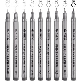 Foneso 9 Fineliner Pens, Waterproof Pigment Liner Set (8 Line Widths and 1 Brush) for Sketching, Artist Illustration, Technical Drawing, Office Documents, Black