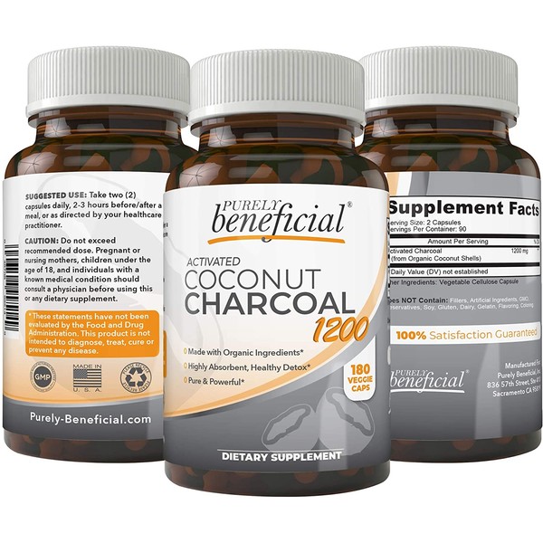 Activated Coconut Charcoal 1200mg, 180 Capsules - Pills for Digestive System, Bloating, Detoxification, Teeth Whitening, Vegan (1bottle)