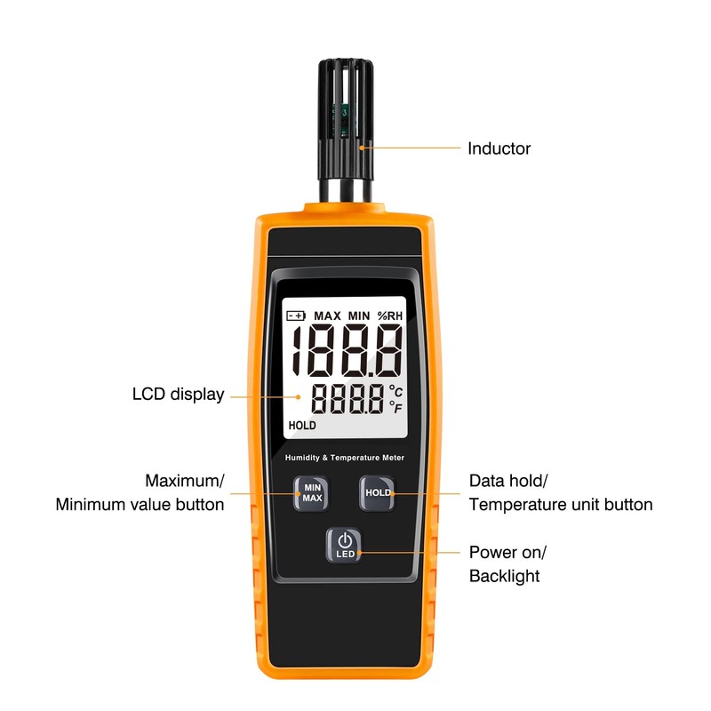 Handheld Thermometer Hygrometer, Digital Humidity Meter, Backlight, Moisture Meter for