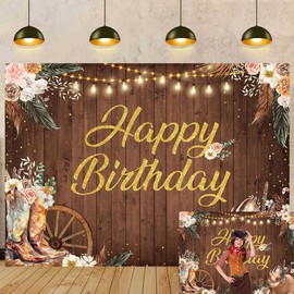 Western Cowgirl Birthday Backdrop Rustic Wooden Retro Boho Flower Pampas Grass Photography Background West Girl Birthday Party Decoration Photo Booth Props (7x5FT)