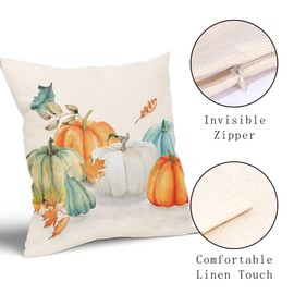 Fall Maple Leaves Pillow Covers 16X16 Inch Teal Orange White Green Pumpkins Decorative Couch Pillow Cases Set of 2 Autumn Thanksgiving Throw Pillows Farm Decor For Room Porch Patio Couch Outdoor