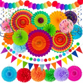 35PCS Fiesta Paper Fan Party Decorations Set - Cinco De Mayo Pom Poms,Pennant,Garland String,Banner,Hanging Swirls Decor Supplies（Multicolored) | Moon Boat
