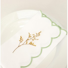 PurpleEssences Scalloped Embroidery Cloth Napkins Table Decor Spring and Summer Cotton Set of 4-18 x 18 inch - White - Edges - Sage Green