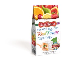Hazer Baba Turkish Delight Candy, Assorted Real Fruits Flavor, Gourmet Snack Box, Traditional, Vegan Snack, Turkish Lokum, Sweets, Loukumi, Delicias Turcas, Halal, Kosher, 3.5oz (100g)