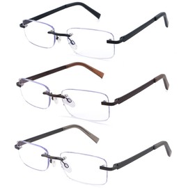 FEIVSN 3 Pack Rimless Reading Glasses for Men Blue Light Blocking Readers Spring Hinge Metal Arms Sturdy Stylish Computer Glasses +1.0