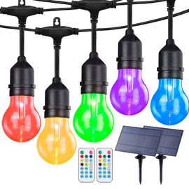 IPStank 96FT Solar Outdoor String Lights with Remote, 30 Shatterproof Edison Bulbs, Dimmable Color Changing Commercial Patio Lights for Cafe, Yard, Garden, Bistro