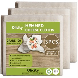 Olicity Cheese Cloths, 3PCS, Grade 100, 20x20Inch Hemmed Cheese Cloth Fabric Reusable Fine Mesh Cloth, 100% Cotton Unbleached Precut Muslin Cheesecloth for Straining, Cooking, Juice, Herbs