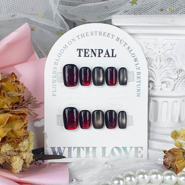TENPAL Cat Eye Press on Nails Short Square Red Black