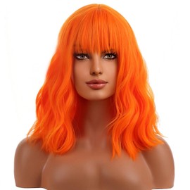 BERON 14 Inches Orange Wig with Bangs Short Bob Curly Wigs Ginger Orange Wigs for Women Girls