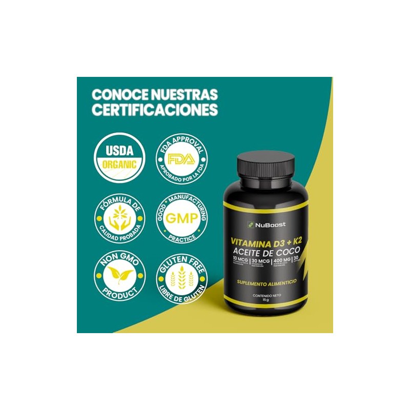 NuBoost Vitamina D3 + K2 con Aceite de Coco -