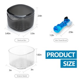 Denture Case Partial Denture Cups for Soaking Dentures, No-Leak Denture Soaking Container Retainer Cleaning Case with Brush for Household|Travel|Office - Transparent Black