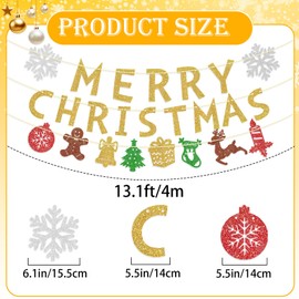 Pre-Assembled Hanging Christmas Banner for Inside Gold Merry Christmas Garland with Snowflakes, Merry Xmas Banners Bunting for Home Fireplace, Xmas Tree, and Indoor/Outdoor Holiday Party Decorations
