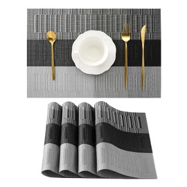 Leetaltree Grey with White Striped Placemats Set of 4 - Heat Resistant Non-Slip Place mats for Dining Table, Washable Durable PVC Vinyl Woven Table Mats（Grey Stripe, 4）