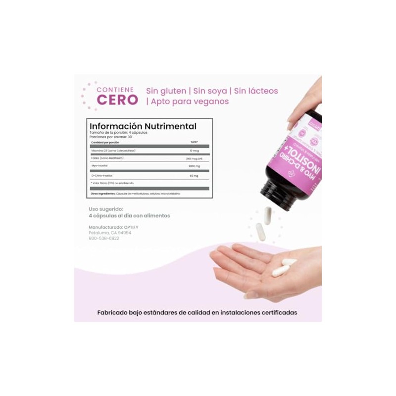 Optify Myo Inositol Chiro Folato Vitamina Gluten 120 Cápsulas Suministro