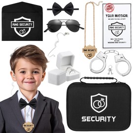 Mepase 9 Pcs Ring Wedding Security Set Include Ring Bearer Box Security Acoustic Earpiece Toy Briefcase Ring Bearer Sunglasses Mission Card Envelope Necklace Bow Tie Toy Handcuffs with Key for Teens