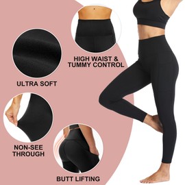 NexiEpoch 4 Pack Leggings with Pockets for Women - High Waisted Tummy Control Soft Black Yoga Pants for Athletic Workout